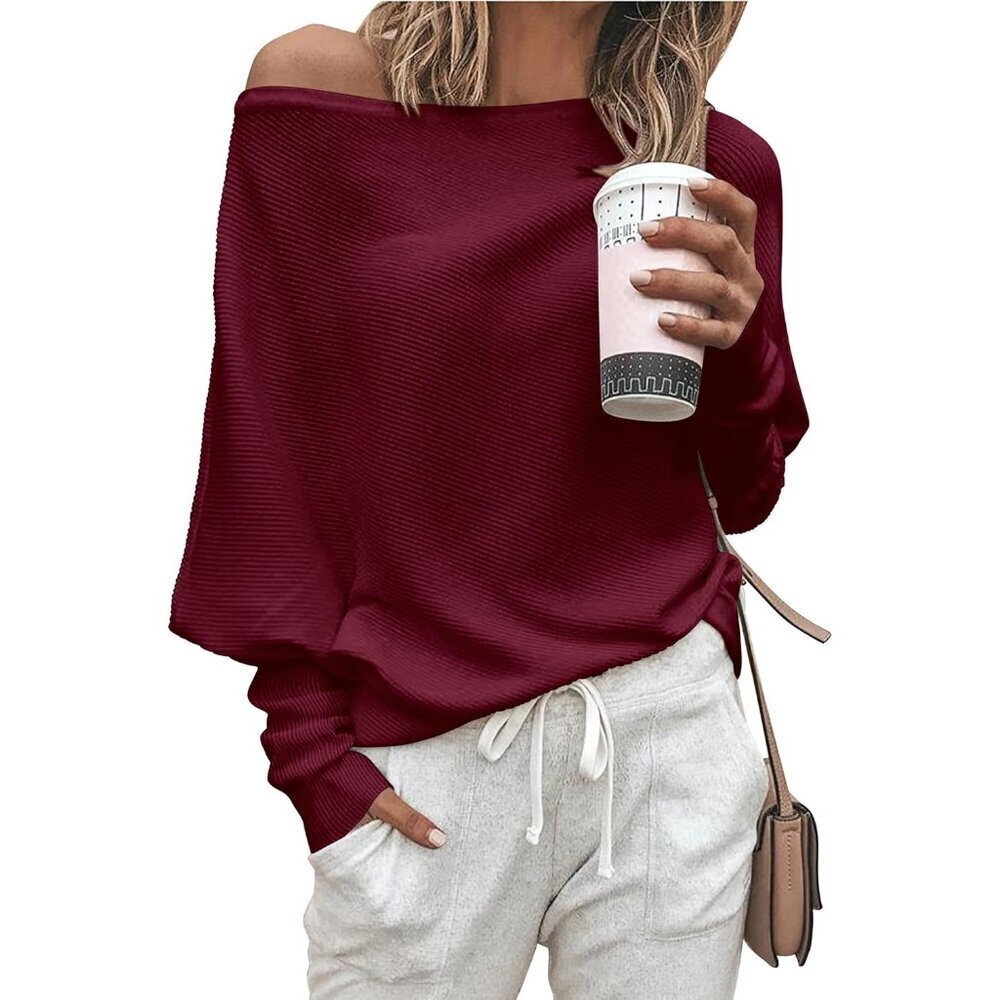 Women's Fall Knit Sweater Long Sleeve Off Shoulder Batwing Loose Fit